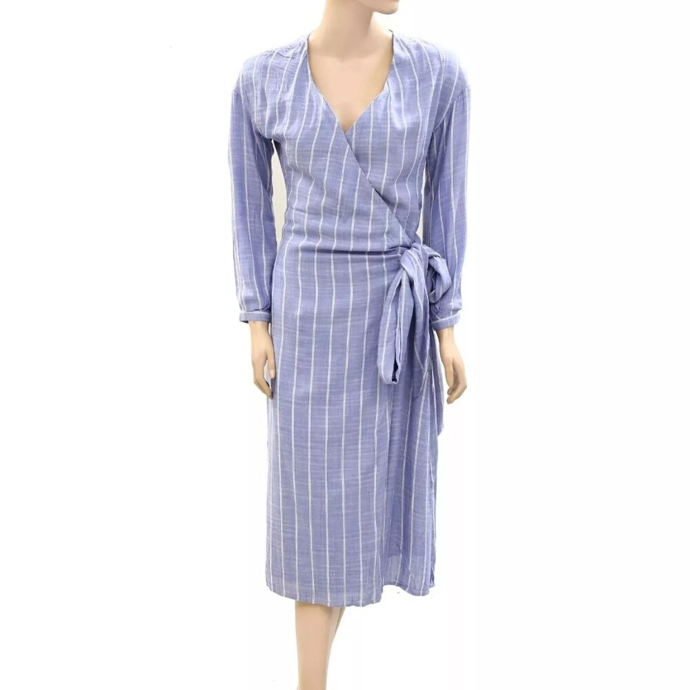 Sezane Robe Laurette Midi Dress Wrap Striped Embroidered Long Sleeve XL44 278238 - Picture 6 of 9
